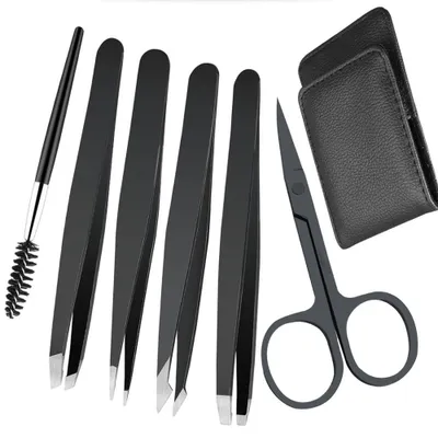 Produktbild von Pinzetten Set – 6-teilig – Augenbrauen Pinzette – Augenbrauenschere – Augenbrauenbürste – Gesichtshaarentferner – mit Etui – für Damen und Herren