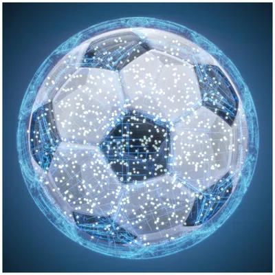Produktbild von Wallario Wandbild aus Acryl, 50 x 50 cm, freischwebende Optik - Fußball digital - Netzwerk in blau