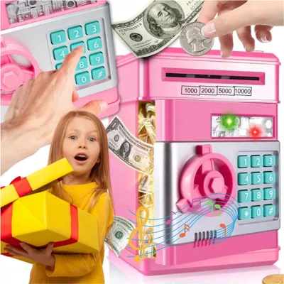 A collage of images showing a pink electronic piggy bank, a child holding a gift, and hands interacting with the piggy bank.