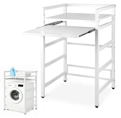 Produktbild von Peviasot Waschmaschinenregal für Trockner, Metallregal mit ausziehbarem Zwischenboden, obere Ablage bis 300 kg, Badezimmer, 3 Höhen 95/100/105 cm, Weiß