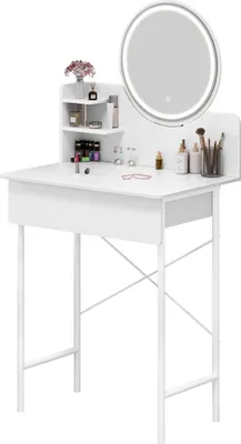 Immagine prodotto di Tavolo da trucco - Tavolo da toeletta - Specchio illuminato a LED, 1 cassetto, 2 ripiani aperti, moderno, senza sgabello - Bianco