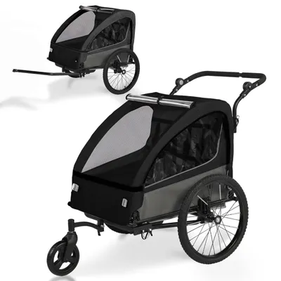 Produktbild von Zimilo 2-in-1 Fahrradanhänger & Kinderwagen für 1-2 Kinder, gefederter Kinderanhänger mit 5-Punkt-Gurt, klappbar mit Universalkupplung, Schwarz