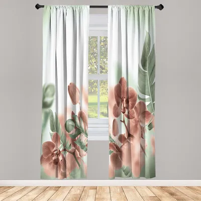 Produktbild von ABAKUHAUS Tropisch Vorhänge 2 Panel Set für Wohnzimmer Schlafzimmer Dekor, Exotische Orchideen Blüten Blätter Auf Unscharfen Hintergrund Floral Themed Moderne Kunst, 150 cm x 225 cm, Resedagrün