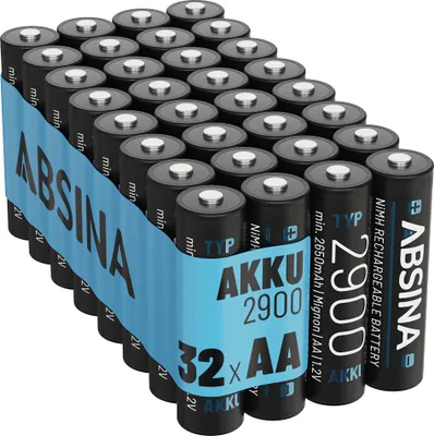 Produktbild von ABSINA 32x Akku AA wiederaufladbar 2900 - NiMH AA Akkus mit 1,2V & min. 2650mAh - Aufladbare Batterien AA
