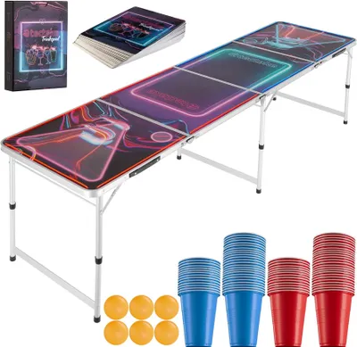 Obrázek produktu pro Hliníkový stůl na beer pong tectake® BeerWars I s LED osvětlením, včetně 100 kelímků, 6 míčků a karetní hry