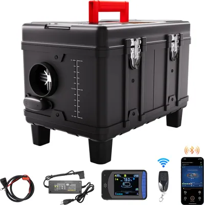A black diesel air heater with a red handle, shown with various accessories including a remote control, a display screen, a power adapter, and cables.