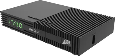A black digital satellite receiver is shown from a three-quarter angle on a white background.