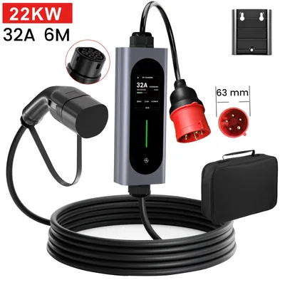 Produktbild von 22 kW Typ 2 Mobile Wallbox CEE 32A 6m – EV-Ladegerät einstellbarer Strom (6-32A)  Zeitplanfunktion IP65 wasserdicht