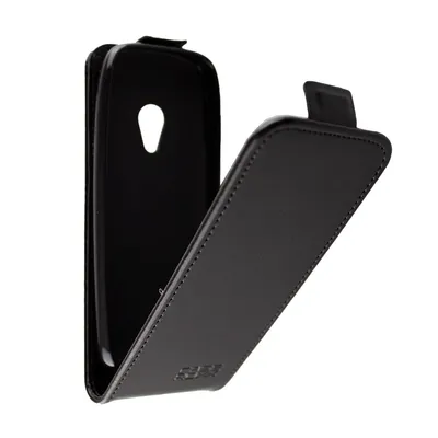 A black flip cover case for a smartphone is shown open against a white background.