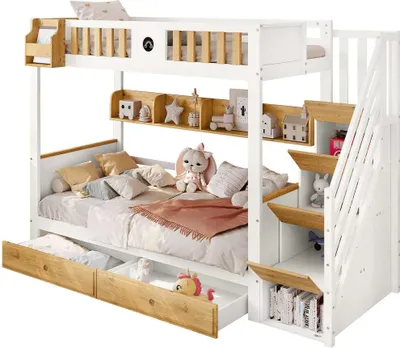 Produktbild von AIORBER Etagenbett 90x200 mit Treppe Stauraum Schubladen Regal Tafel Kinderbett Hochbett mit Fallschutzgitter Kiefernholz MDF Weiß+Natur