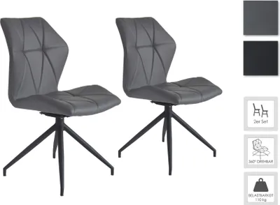 Obrázek produktu pro byLIVING Jídelní židle set 2 IMKE / Šedá koženka / Černý kovový rám / Sedák otočný o 360° / Jídelní židle / Diamantové prošití / Š 52, V 90,5, H 62 cm
