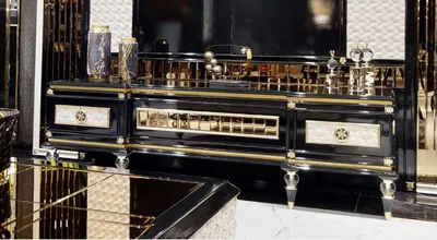 Produktbild von Casa Padrino Luxus Art Deco TV Schrank Schwarz / Weiß / Gold - Massivholz Sideboard mit 3 Schubladen - Art Deco Wohnzimmer Möbel - Luxus Wohnzimmer Möbel - Luxus Art Deco Einrichtung