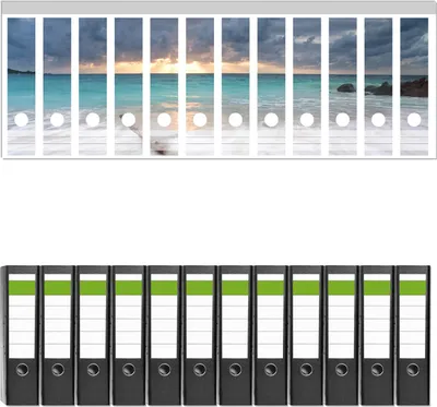 Produktbild von Wallario 12 Stück breite Ordner inkl. Klebeetiketten mit Motive Wellen am Strand bei Sonnenuntergang -  Set mit Rückenschildern / Ordnerrücken Stickern