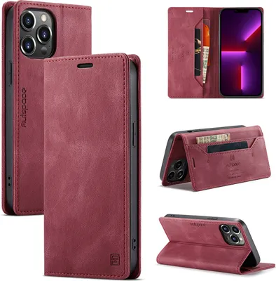 Produktbild von iPhone 14 Pro Max Brieftasche Hülle, Retro Kunstledertasche Stand Schutzhülle für iPhone 14 Pro Max Rot