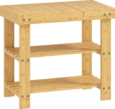 Produktbild von Schuhbank aus Bambus, Schuhregal mit 2 Ablagen, Sitzfläche, für Flur, Eingangsbereich, 50x28x45cm, Natur