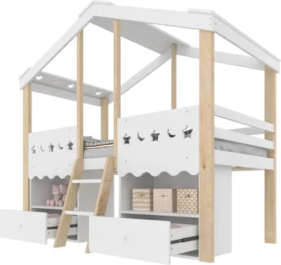 Produktbild von Hochbett mit LED-Beleuchtung, Regal, Schubladen, Trittleiter und Stauraum, 90x200 cm, Kinderbett mit Rausfallschutz, Kiefer