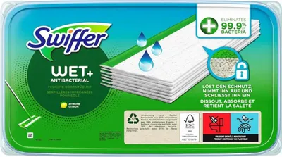 Produktbild von Feuchte Bodentücher Wet+ antibakteriell, Nachfüllpackung, 10 Stück, Reinigungstücher