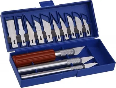 A set of scalpels and blades in a blue plastic case.