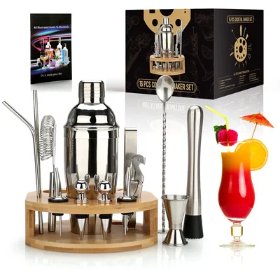 Produktbild von Professionelles Cocktail Shaker Set - 16-teiliges Mixologie Bartender Kit mit Bambusständer
