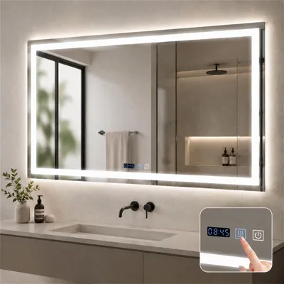 Produktbild von ZMH Badspiegel mit Beleuchtung 100x60cm Wandspiegel IP44 mit Touch Uhr Entfogger Funktion Lichtspiegel Dimmbar 3000K-6500K