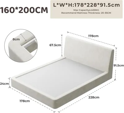 Obrázek produktu pro Postel s čalouněnou konstrukcí 160x200 cm - Rám postele s ergonomickou opěrkou hlavy - Měkká pěnová výplň - Kovový rám - Bez pružinové základny