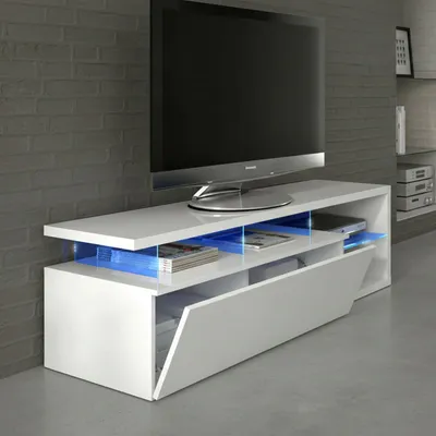 Image de Amiuty - Meuble TV, 150x41x50h cm Blanc Brillant, 2 Étagères