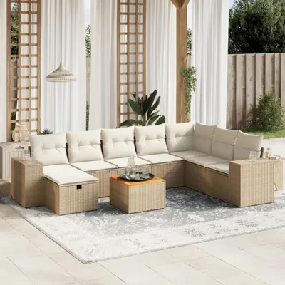 Produktbild von Design 9-tlg. Garten-Sofagarnitur mit Kissen Beige Poly Rattan, Gartenmöbel-Sets 2024 Neu