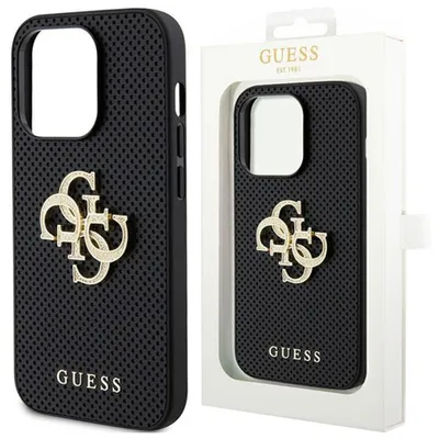 Produktbild von Guess Lederhülle mit perforiertem 4G-Glitzer-Logo für iPhone 15  Schwarz Handyhülle