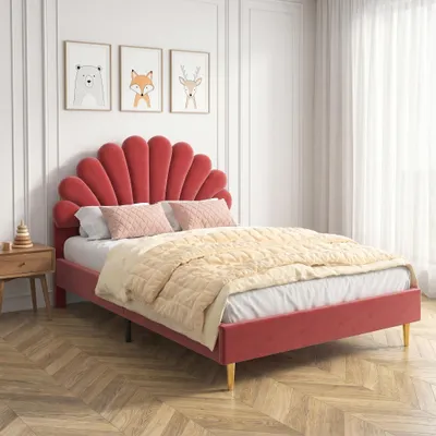 Produktbild von INONEFT Polsterbett 140x200cm mit Blumenform-Kopfteil und Lattenrost Doppelbett Kinderbett Samt für Kinder Jugend, Weinrot