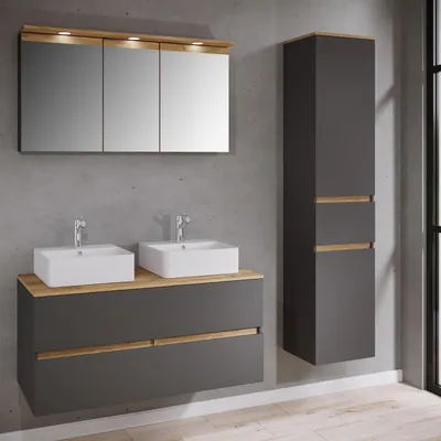 Produktbild von VCM 5-tlg. Doppelwaschtisch Cosila mit 2 Keramikbecken – Badschrank H. 51 x B. 111 x T. 51 cm mit 2 Softclose-Schubladen, Spiegelschrank mit Beleuchtung & Steckdose und Hochschrank Cosila-A