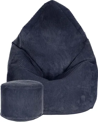 A navy blue corduroy bean bag chair and matching ottoman are shown against a white background.