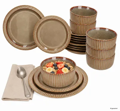 Produktbild von 18tlg. Teller Set Bistro 6 Personen Steingut braun Teller klein & groß Schale, KI-generiertes Bild