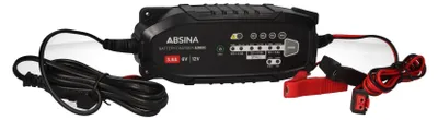 A black battery charger with red and black cables and clamps, shown on a white background.
