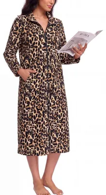 Obrázek produktu pro Dámský župan z fleecu se zapínáním na zip, dlouhý, s kapsami, vzor leopard, velikost S-3XL
