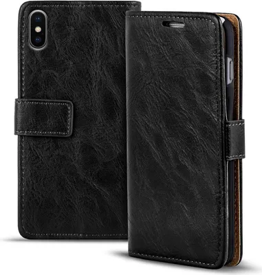 Produktbild von Conie Retro Klapp Hülle für iPhone XS Max Kartenfach Tasche Rundumschutz in Schwarz