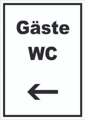Produktbild von Gäste WC Schild mit Text und Richtungspfeil links Toilette hochkant A5 Rückseite selbstklebend