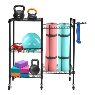 A black metal storage rack filled with various fitness equipment, including kettlebells, dumbbells, yoga mats, and a stability ball.