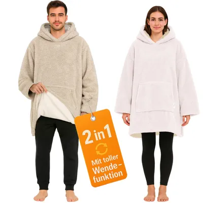 A man and a woman are shown wearing oversized hoodie blankets.