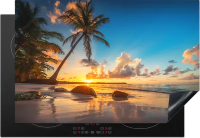 Produktbild von KitchenYeah© Herdabdeckplatte Strand - Meer - Palme - Sonnenuntergang , 76x51cm, Küche Deko, Glaskeramikkochfeld Herdabdeckung, Abdeckplatte fùr Kochfeld