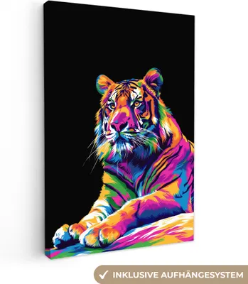 Produktbild von MuchoWow® - Leinwandbilder - Tiger - Bunt - Tiere - Schwarz - Neon, Wandbild, Wanddeko Bilder Wohnzimmer, 80x120cm