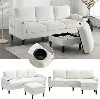 Produktbild von Sweiko Elegantes Sofa mit Hocker & Stauraum – 4-Sitzer mit bequemen Armlehnen, Getränkehalter, Seitentaschen & robusten Kunststofffüßen, Samtbezug für hautfreundlichen Komfort