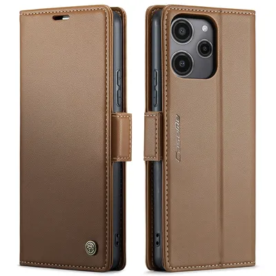 A brown leather wallet case for a smartphone is shown from two angles.