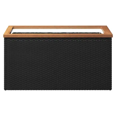 A black poly rattan planter with a wooden frame, shown from the front on a white background.