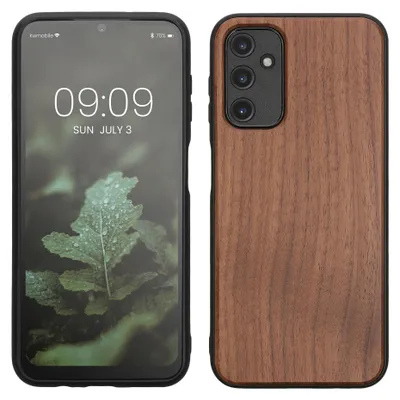 Produktbild von kwmobile Handyhülle für Samsung Galaxy A14 5G Hülle Holz - Case mit TPU Bumper - Stoßfestes Hardcase - Schutzhülle Cover in Dunkelbraun
