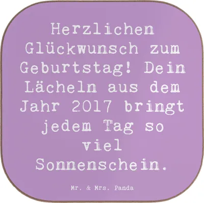 Produktbild von Mr. & Mrs. Panda Untersetzer für Gläser Spruch 2017 Geburtstag Lächeln - Lavendeltraum - Geschenk, Getränkeuntersetzer, Tischuntersetzer, Tasse, Alter, Geburtstagsfeier