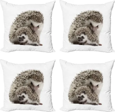 Produktbild von ABAKUHAUS Igel Kissenbezug Set (4 Stück), Mutter Kinder Liebe, Moderner Doppelseitiger Digitaldruck, 40 cm x 40 cm, Brown Ivory