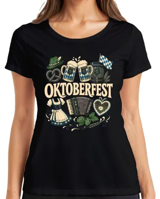 Immagine prodotto di , Wiesn, boccale di birra, abito tradizionale (Dirndl), pretzel, Baviera, cuore, pantaloni tradizionali da uomo (Lederhose), maglietta da donna, nero, taglia XL