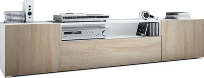 Produktbild von Vladon Lowboard Mogan, TV-Kommode mit 2 Türen, 1 Klappe und 1 offenes Fach, Weiß matt/Eiche Sägegrau (181 x 39 x 35 cm)