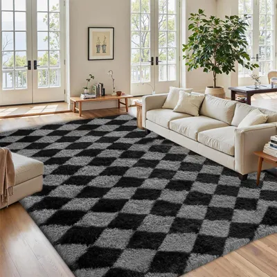 Obrázek produktu pro Vysoký koberec, huňatý, kostkovaný, 140 x 200 cm, plyšový koberec, shaggy, s vysokým vlasem, vhodný do ložnice nebo obývacího pokoje, koberec, podložka pod postel, protiskluzový, moderní design, černý a šedý