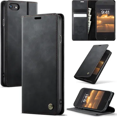 Immagine prodotto di Custodia in pelle per iPhone 6s/6/7/8/8/SE 2020/SE 2022, protezione RFID, chiusura magnetica, slot per carte e funzione stand Nero